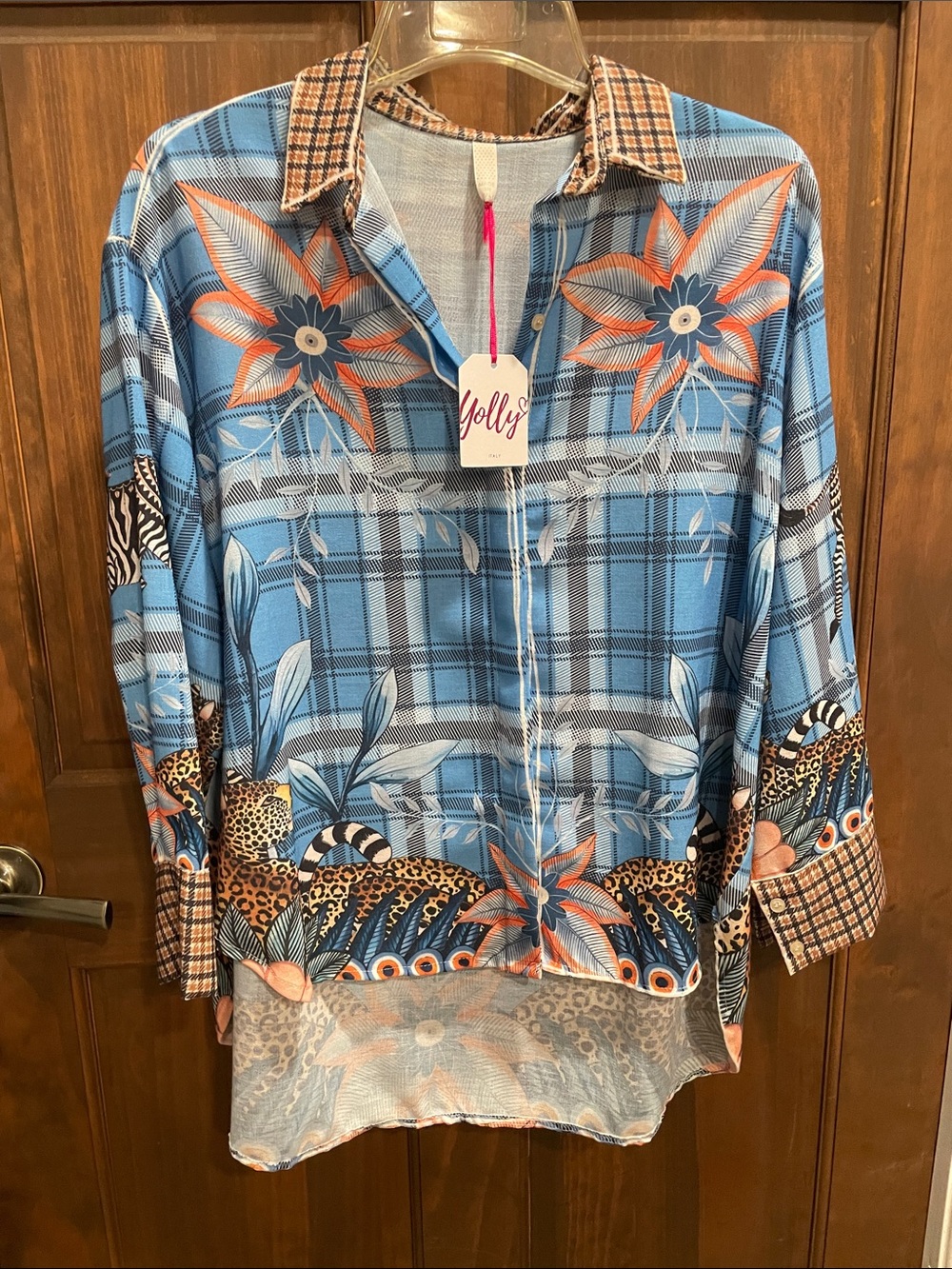 Yolly made in Italy Blue Floral Plaid Button-Up Blouse
